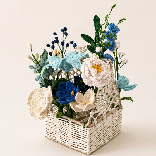 Blue & Ivory Crochet Flower Basket